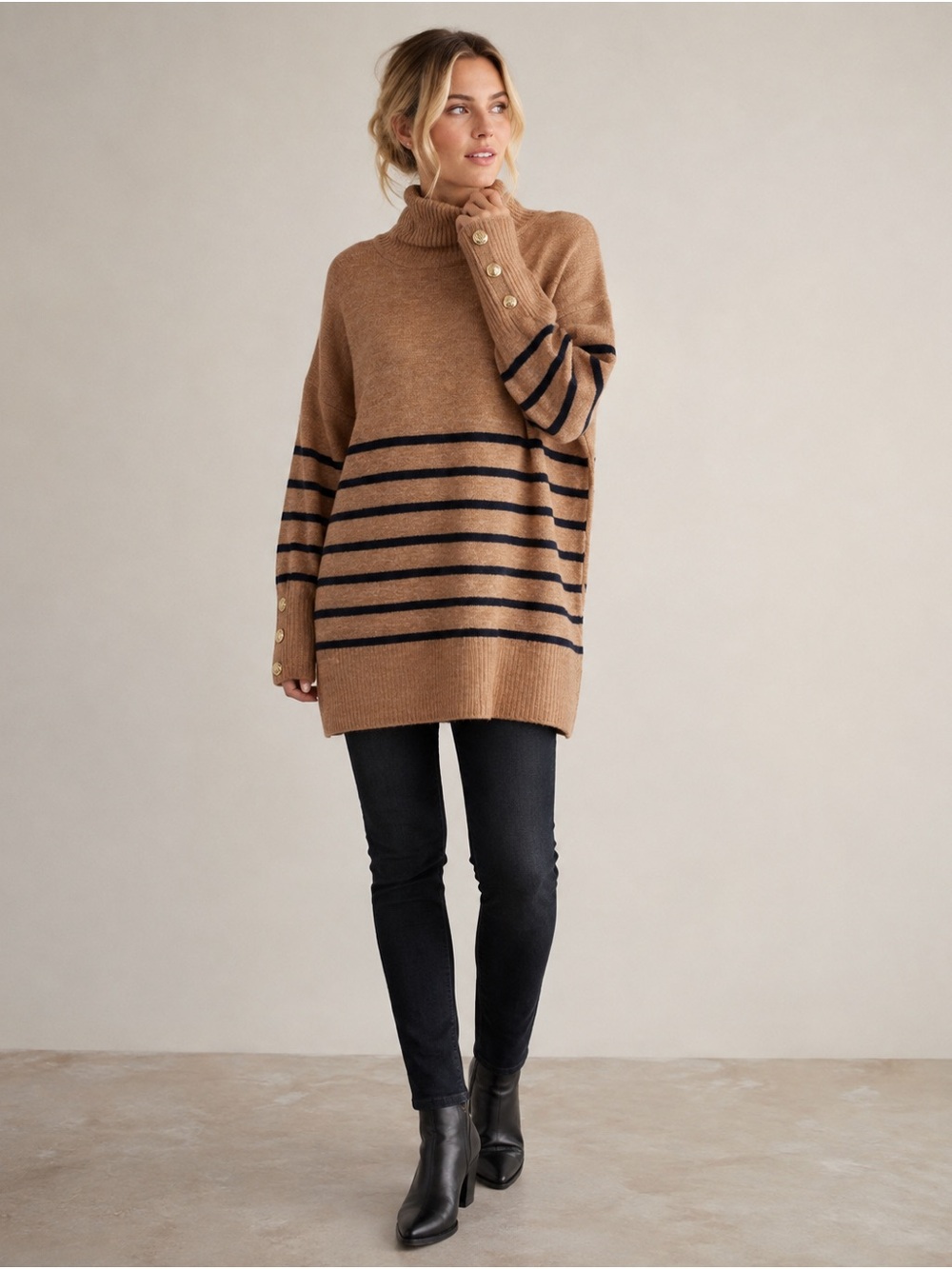 Chic Camel & Black Striped Oversized Turtleneck Sweater